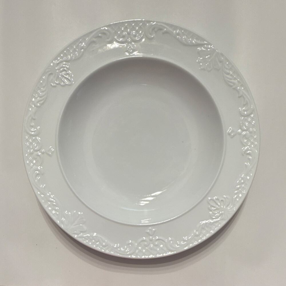 Towle Grand Hotel Porcelain Soup Plate White Embossed Scroll Glossy China 9.5”